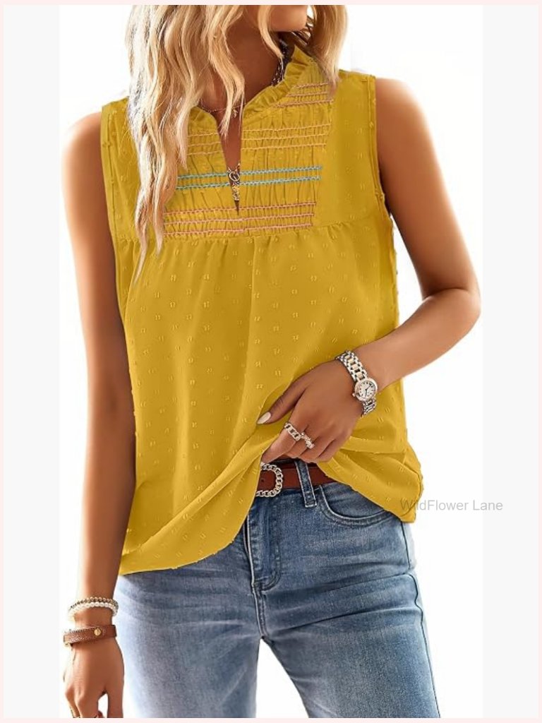 V Neck Sleeveless Swiss Dot Blouse Casual Flowy Dressy Boho Top